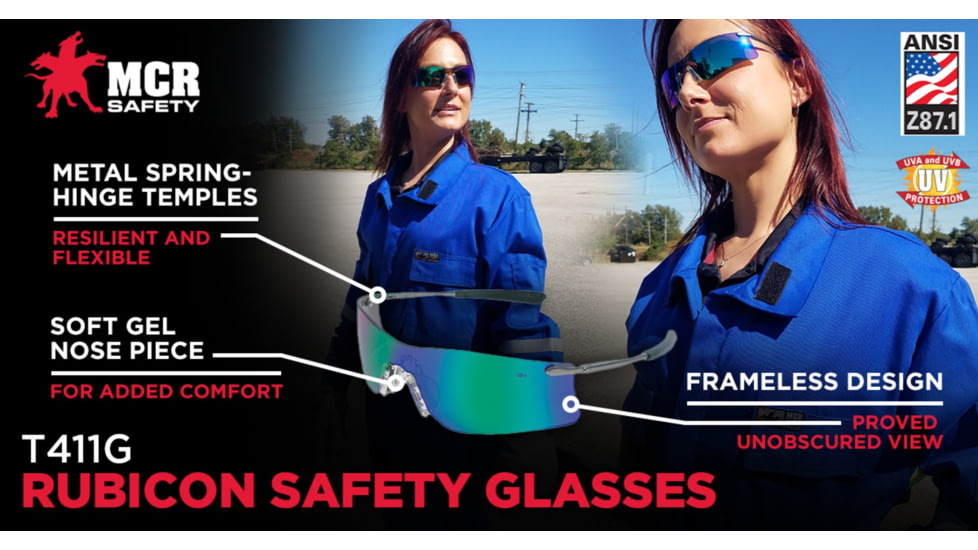 MCR Safety Rubicon T4 Series Safety Glasses with Lens Curved Frameless Lens Design, Emerald Mirror, One Size, T411G