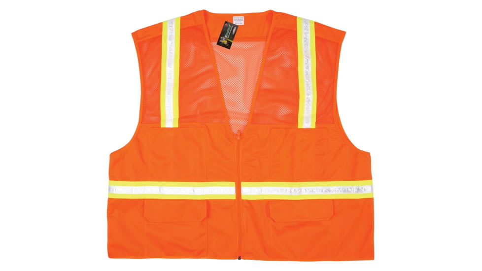 MCR Safety Safety Vest, Upper Torso Mesh, 1 3/4in Reflective Stripes, 6 Pockets, Zipper Front, Non-ANSI Rated, Fluorescent Orange, 3X, HS201VX3