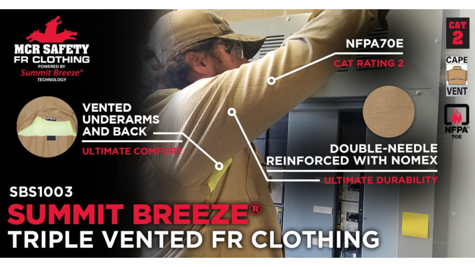 MCR Safety Summit Breeze Flame Resistant Shirt, 5.5oz Inherent Blend, Long Sleeve with Vented Underarms and Back, CAT 2, Tan, S, SBS1003S