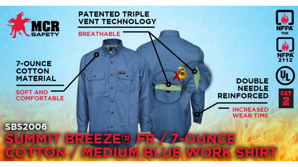 MCR Safety SBS2006L Summit Breeze Flame Resistant Shirt, 7oz 100% Cotton, with Vented Underarms and Back, CAT 2, Medium Blue, L, SBS2006L