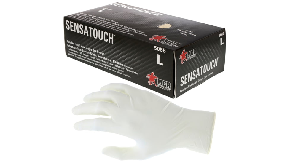 MCR Safety SensaTouch Disposable Latex Gloves, Powder Free Industrial Food Service Grade, 9.5in Length, 5 mil in Thickness, White, Large, 5055L