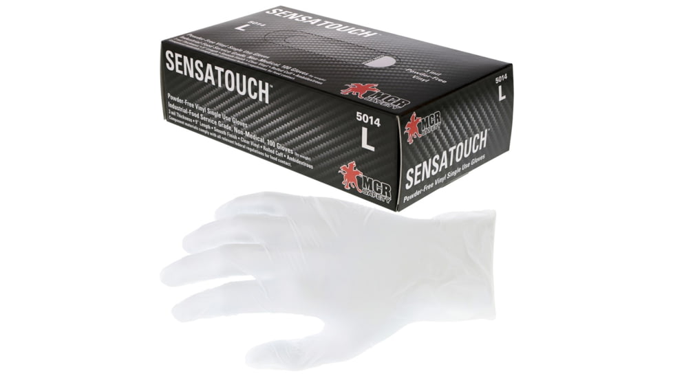MCR Safety SensaTouch Disposable Vinyl Glove, Powder Free Industrial Food Service Grade, 9in Length, 3 mil Thickness, Clear, Large, 5014L