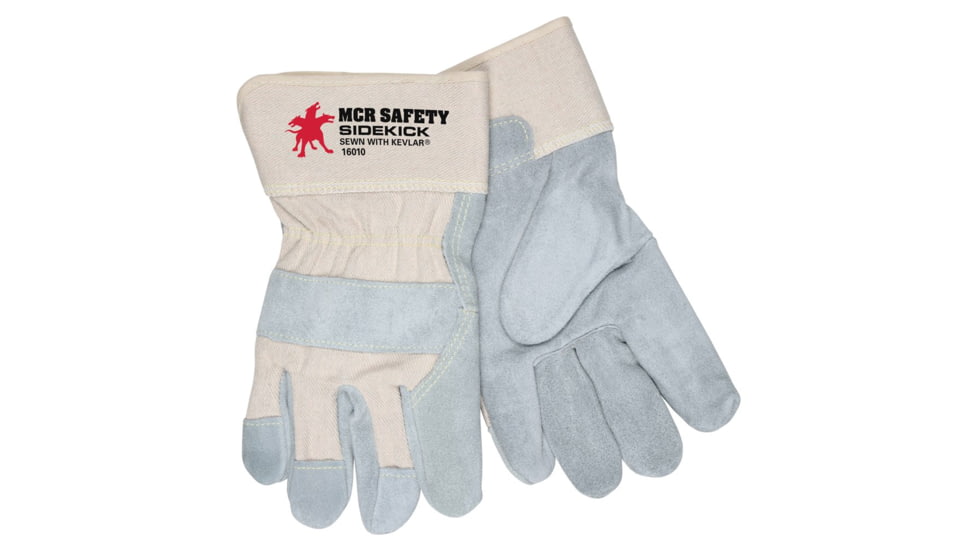 MCR Safety Sidekick Series Gloves, Select Side Split Leather Palm, 2.5in Rubberized Safety Cuff, Gray, Medium, 16010M