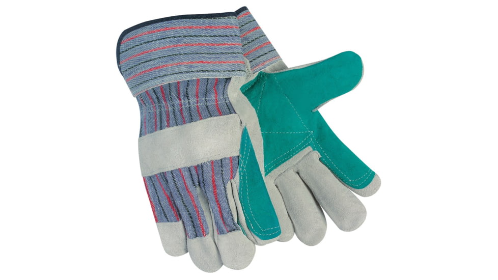 MCR Safety Split Leather Double Palm Work Gloves, Economy Grade Leather, 2.5in Rubberized Safety Cuff, Gray and Green, Large, 12010DP