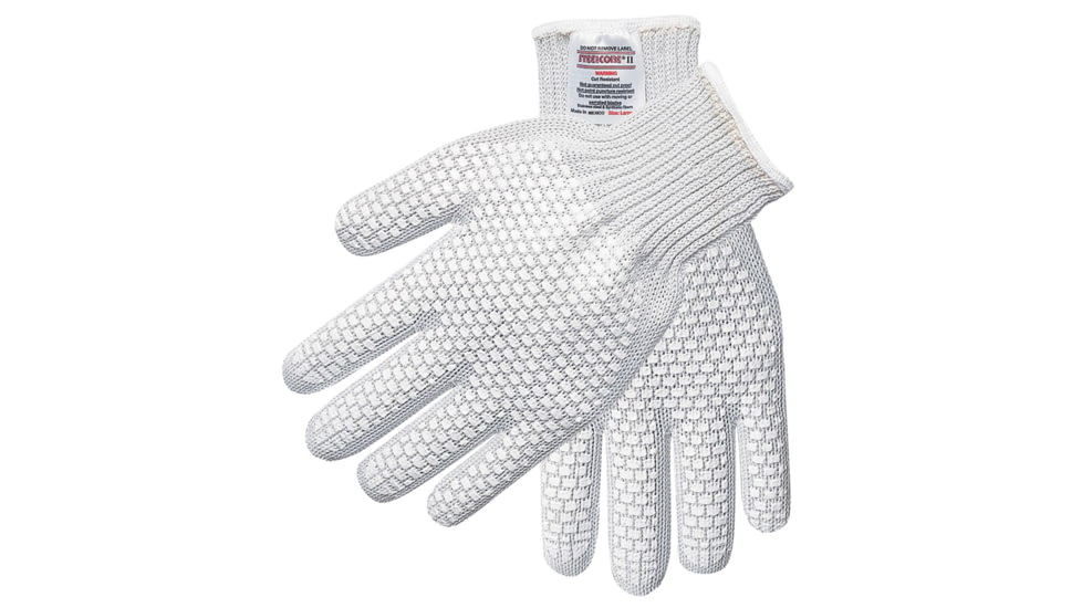 MCR Safety Steelcore 2 7 Gauge Cut Resistant Work Gloves, Polyester Wrapped Stainless Steel, PVC Blocks on 2 Sides, White, Small, 9382S
