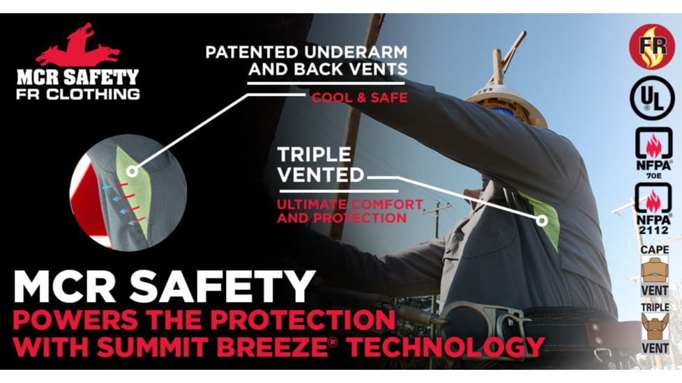 MCR Safety SBS2001XLT Summit Breeze Flame Resistant Shirt, 7oz 100% Cotton, with Vented Underarms and Back, CAT 2, Gray, XL, SBS2001XLT