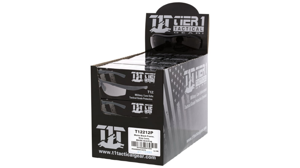 MCR Safety Tier1 T122 Tactical Gear Safety Glasses, Matte Black Frame, Grey MAX6 Superior Anti-Fog Lens, One Size, T12212P