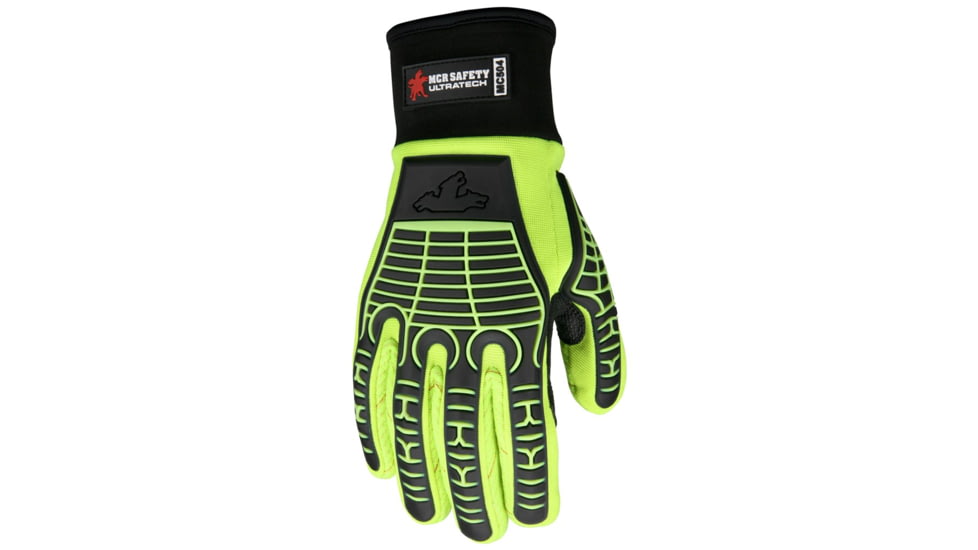 MCR Safety UltraTech Mechanics Hi-Vis Heat and Abrasion Resistant Gloves, Corded Cotton Double Palm, TPR Back of Hand Protection, Hi-Vis Lime/Black, Large, MC504L