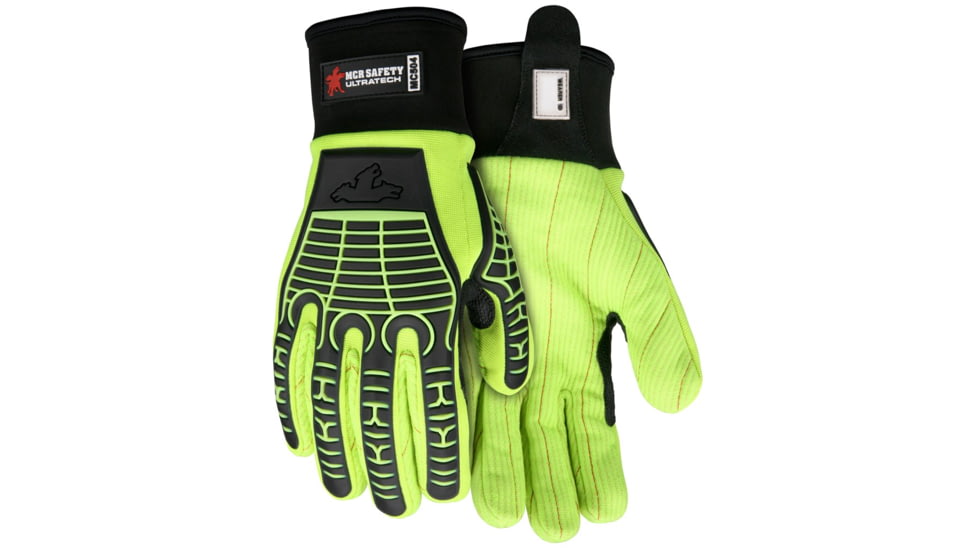 MCR Safety UltraTech Mechanics Hi-Vis Heat and Abrasion Resistant Gloves, Corded Cotton Double Palm, TPR Back of Hand Protection, Hi-Vis Lime/Black, Large, MC504L