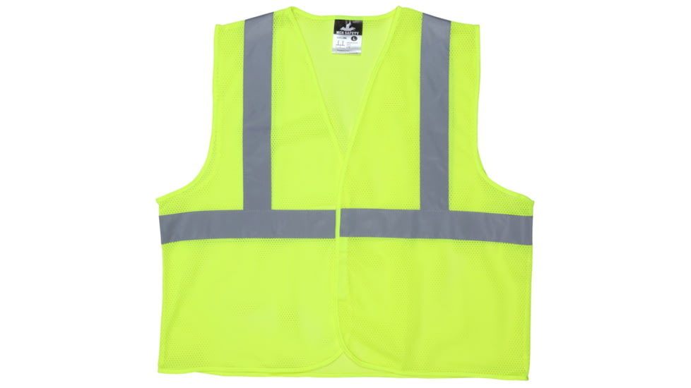 MCR Safety V2CL2MLXL Hi Vis Reflective Safety Vest, ANSI Type R Class 2, Mesh with 2in Silver Stripes, Hook and Loop Front Closure, Fluorescent Lime, XL, V2CL2MLXL