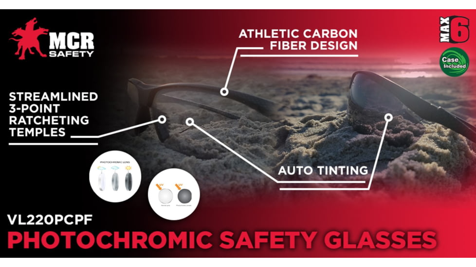 MCR Safety VL2 Photochromic Safety Glasses, MAX6 Anti-Fog Coating, Photochromic, One Size, VL220PCPF