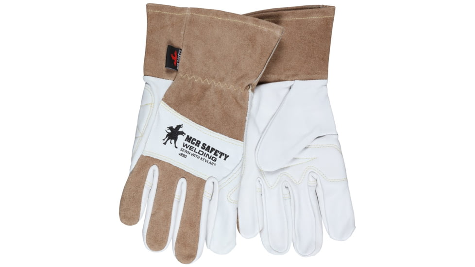 MCR Safety Welding Premium Top Grain Goatskin Palm, Split Leather Back, 2.5in Split Leather Cuff, Sewn with DuPont Kevlar, White and Brown, Large, 4890L