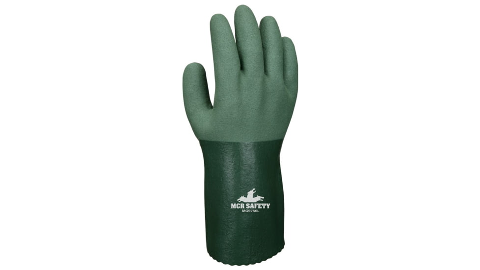 MCR Safety Work Gloves, 13 Gauge Seamless Cotton Polyester Shell, MicroFinish Full Nitrile Coating, 12in Gauntlet Cuff, Green, Medium, MG9756M
