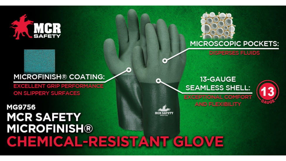 MCR Safety Work Gloves, 13 Gauge Seamless Cotton Polyester Shell, MicroFinish Full Nitrile Coating, 12in Gauntlet Cuff, Green, Medium, MG9756M