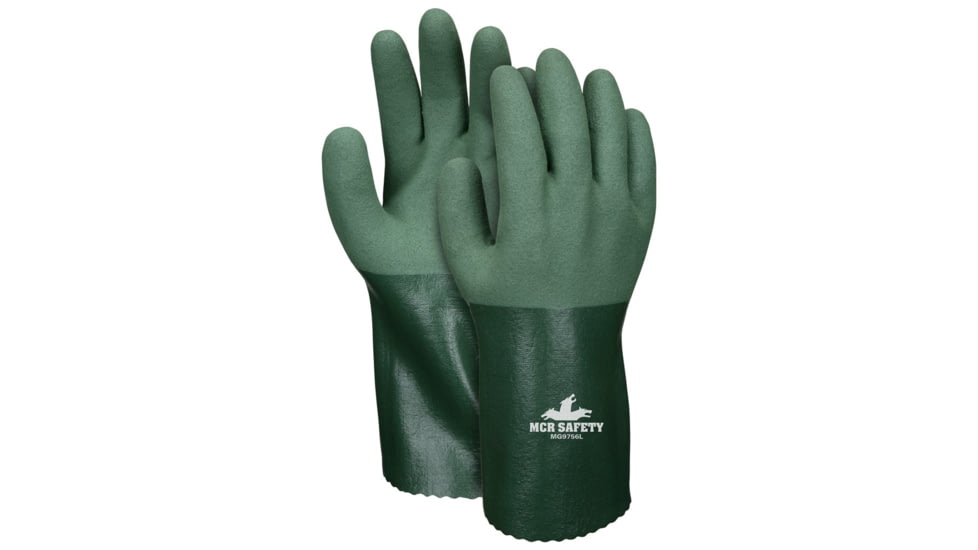 MCR Safety Work Gloves, 13 Gauge Seamless Cotton Polyester Shell, MicroFinish Full Nitrile Coating, 12in Gauntlet Cuff, Green, Medium, MG9756M