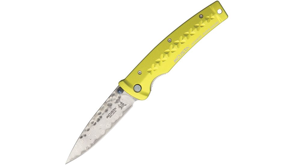 MCUSTA Tsuchi Linerlock Folding Knife,3.25in,Damascus Steel,Standard Edge,Yellow Aluminum Handle MCU164D