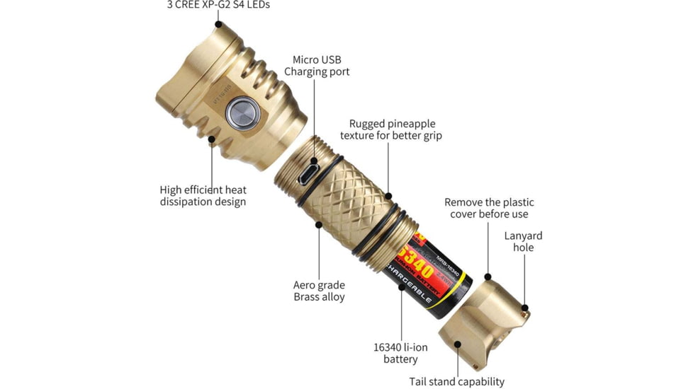 MecArmy PT16 1 x 16340 3 x CREE XP-G2 LED Ultra Bright Rechargeable Flashlight, 1200 Lumens, Brass, PT16-BS