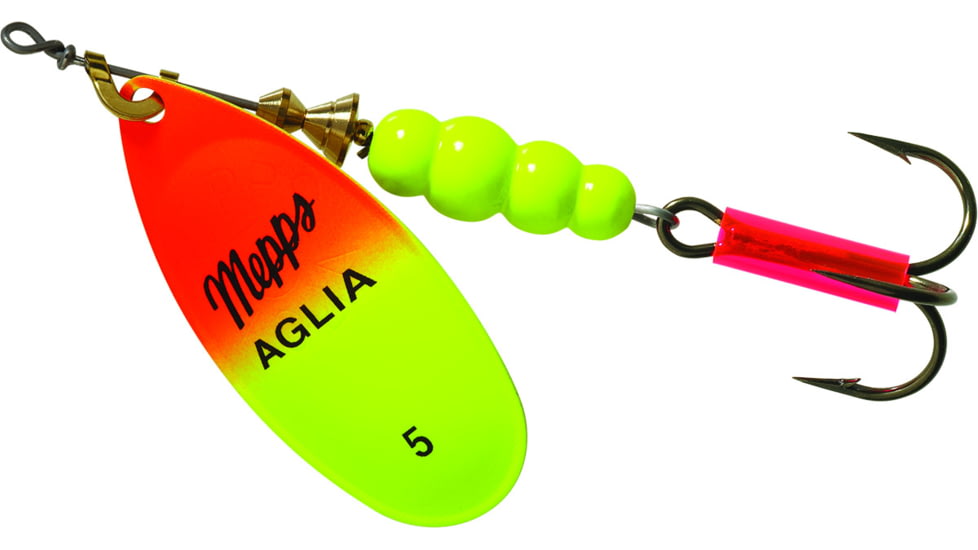 Mepps Aglia In-Line Spinner 1/2 oz, Plain Treble Hook, Hot Orange &amp; Chartreuse Blade, B5 HOC