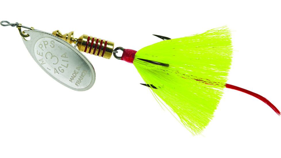 Mepps Aglia In-Line Spinner, 1/4 oz, Dressed Treble Hook, Silver Blade &amp; Yellow Tail, B3ST S-Y