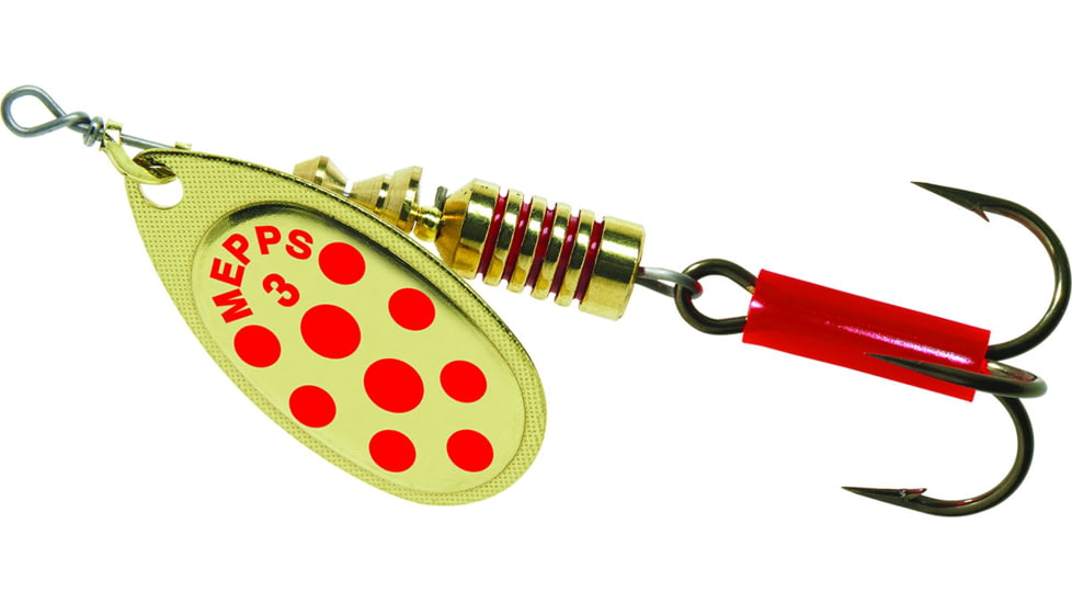 Mepps Aglia In-Line Spinner 1/4 oz, Plain Treble Hook, Gold &amp; Red Dot Blade, B3 GRD