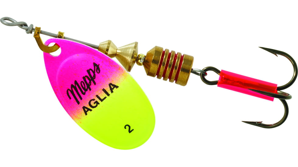 Mepps Aglia In-Line Spinner 1/6 oz, Plain Treble Hook, Hot Pink &amp; Chartreuse Blade, B2 HPC