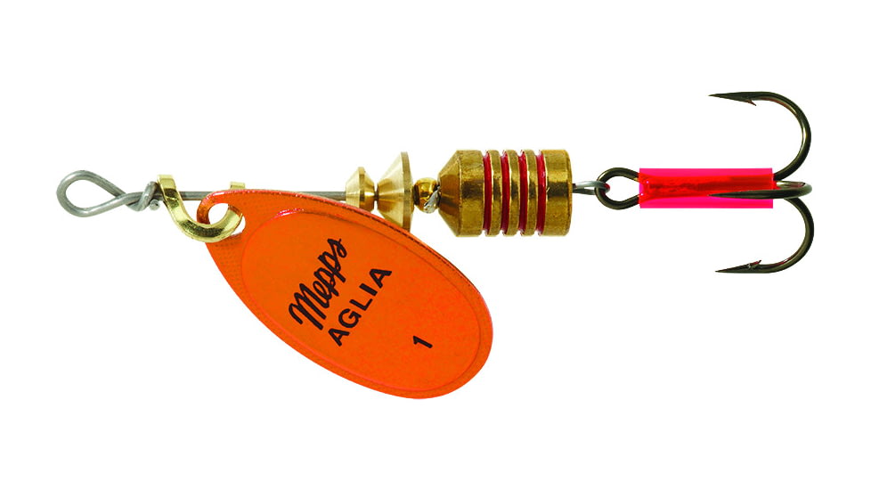 Mepps Aglia In-Line Spinner 1/8 oz, Plain Treble Hook, Orange &amp; Platinum Blade, B1 OP