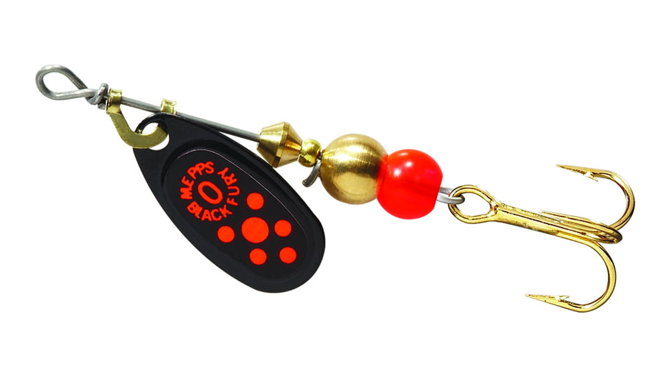 Mepps Black Fury In-Line Spinner, 1/12 oz, Plain Treble Hook Black with Fluorescent Red Dots, BF0 Fl