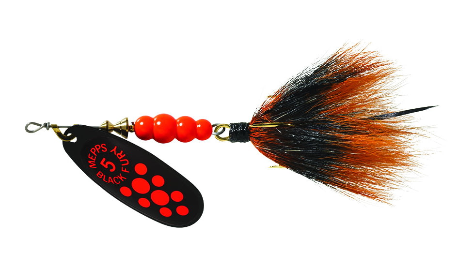 Mepps Black Fury In-Line Spinner, 1/2 oz, Dressed Treble Hook, Fluorescent Red Dot Blade with Gray &amp; Orange Tail, BF5T Fl