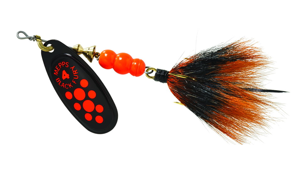 Mepps Black Fury In-Line Spinner, 1/3 oz, Dressed Treble Hook, Fluorescent Red Dot Blade with Gray &amp; Orange Tail, BF4T Fl