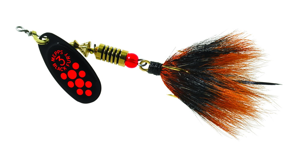 Mepps Black Fury In-Line Spinner, 1/4 oz, Dressed Treble Hook, Fluorescent Red Dot Blade with Gray &amp; Orange Tail, BF3T Fl