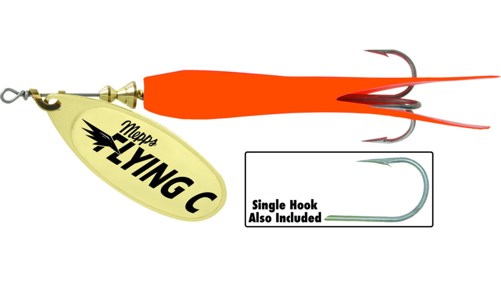 Mepps Flying C In-Line Spinner, 3 1/4in, 5/8 oz Treble/Single Hook, Gold Blade &amp; Hot Orange Sleeve, FC58TP HO-G