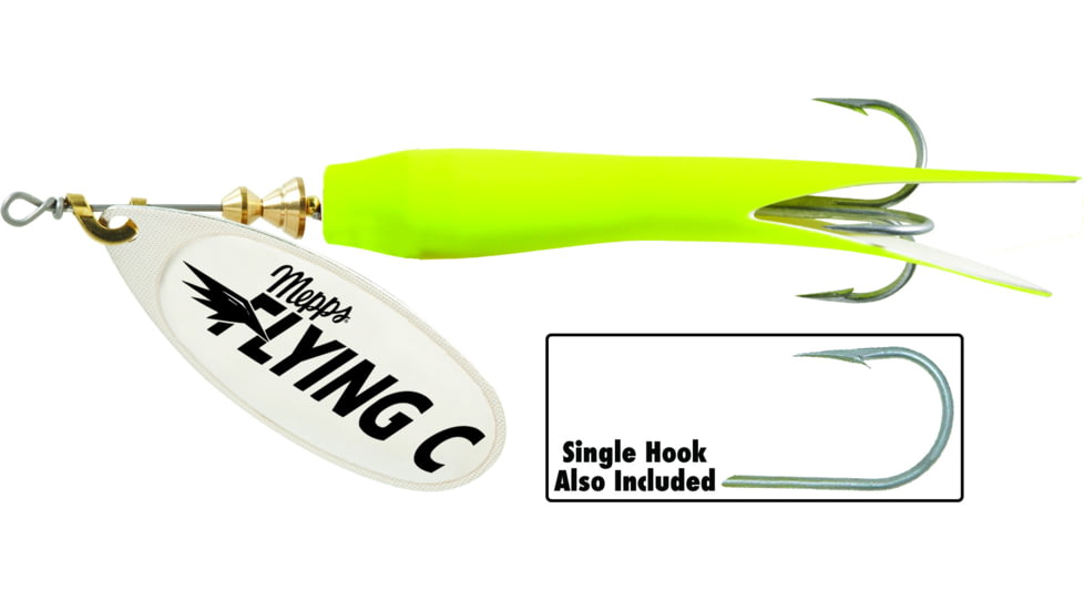 Mepps Flying C In-Line Spinner, 3 1/4in, 5/8 oz Treble/Single Hook, Silver Blade &amp; Hot Chartreuse Sleeve, FC58TP HC-S