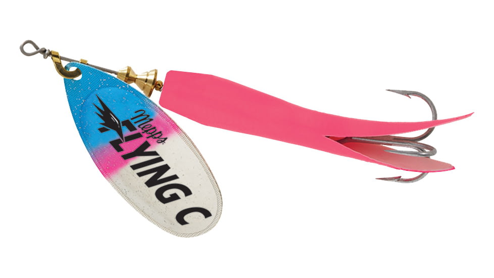 Mepps Flying C In-Line Spinner, 4 3/4in, 7/8 oz, Treble Hook, Rainbow Trout Blade &amp; Hot Pink Sleeve, FC78-HP-RBT