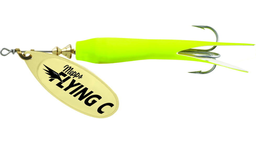 Mepps Flying C In-Line Spinner, 4 3/4in, 7/8 oz Treble/Single Hook, Gold Blade &amp; Hot Chartreuse Sleeve, FC78TP HC-G