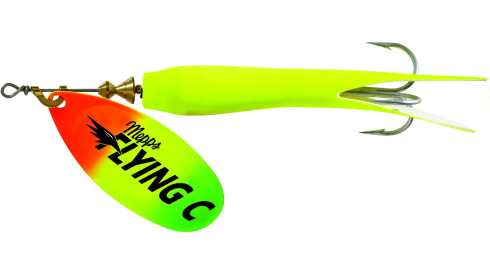 Mepps Flying C In-Line Spinner, 4 3/4in, 7/8 oz Treble/Single Hook, Hot Firetiger Blade &amp; Hot Chartreuse Sleeve, FC78TP HC-HFT