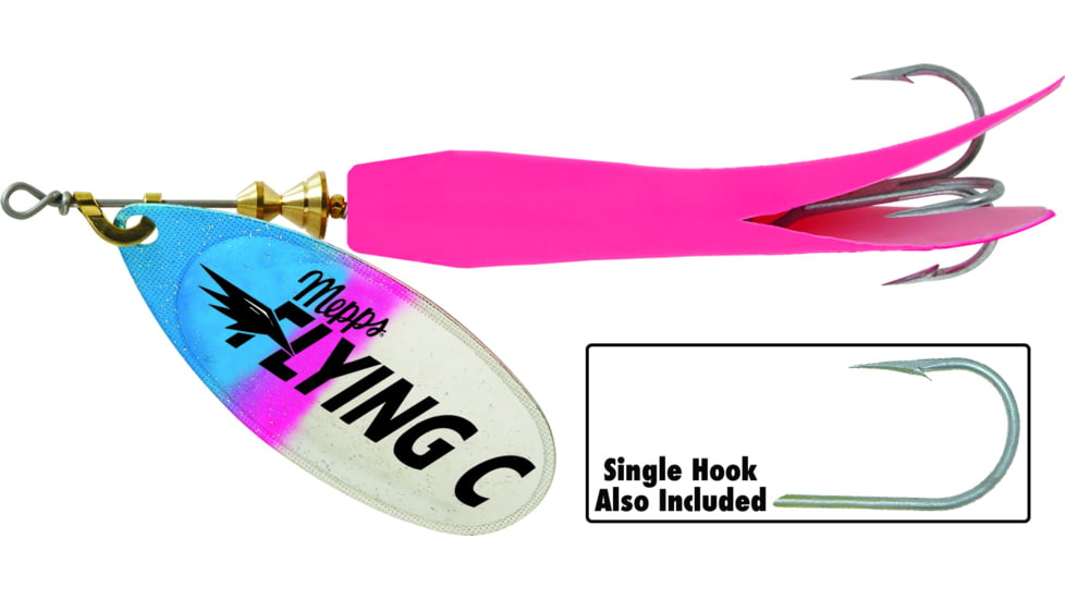 Mepps Flying C In-Line Spinner, 4 3/4in, 7/8 oz Treble/Single Hook, Rainbow Trout Blade &amp; Hot Pink Sleeve, FC78TP HP-RBT