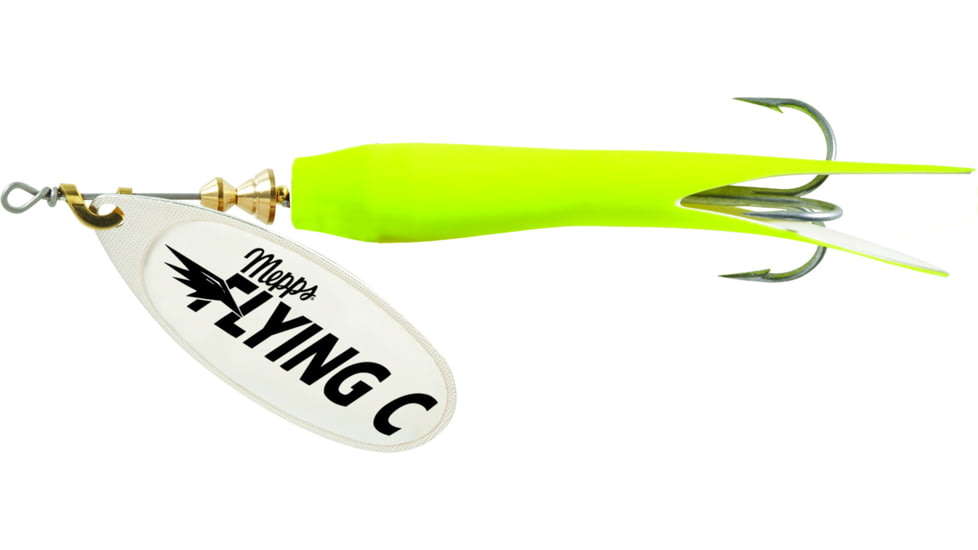 Mepps Flying C In-Line Spinner, 4 3/4in, 7/8 oz Treble/Single Hook, Silver Blade &amp; Hot Chartreuse Sleeve, FC78TP HC-S