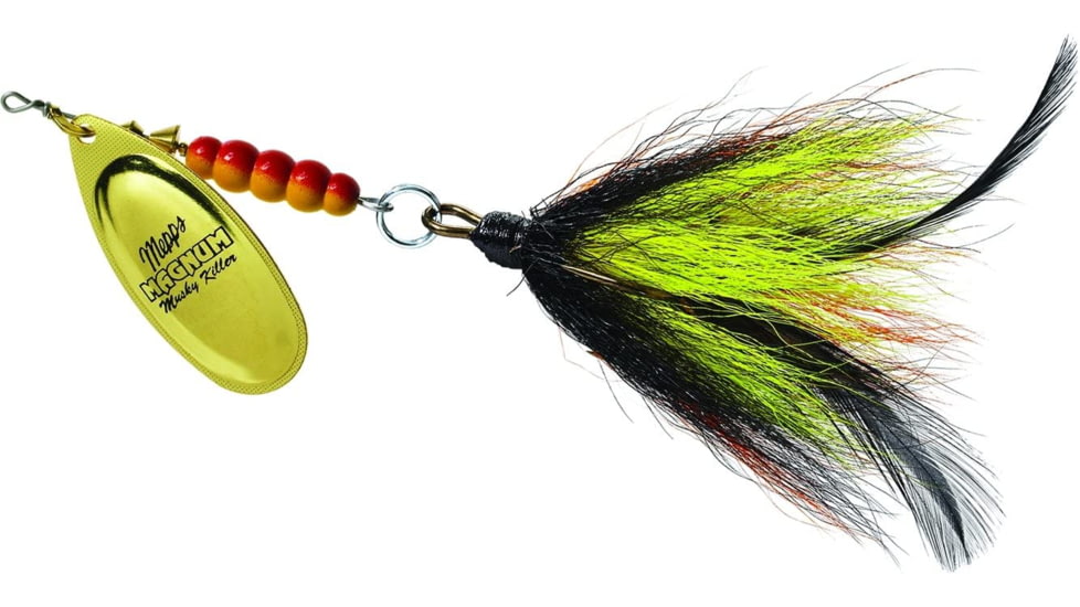 Mepps Magnum Musky Killer In-Line Spinner, Dressed Treble, Gold Blade With Black/Orange/Yellow Tail, 6in, 1 1/4oz, MBM G-BOY