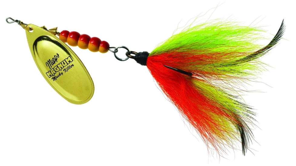 Mepps Magnum Musky Killer In-Line Spinner, Dressed Treble, Gold Blade With Firetiger Tail, 6in, 1 1/4oz, MBM G-FT