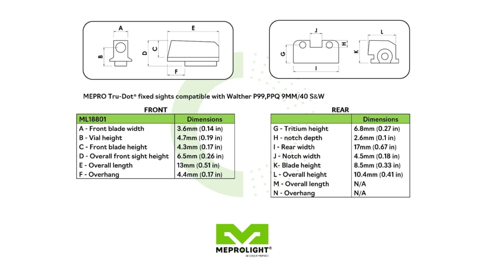 Meprolight Green Front &amp; Rear Night Sight for Walther P99 9mm, 40 Compact, 18801, 188013101