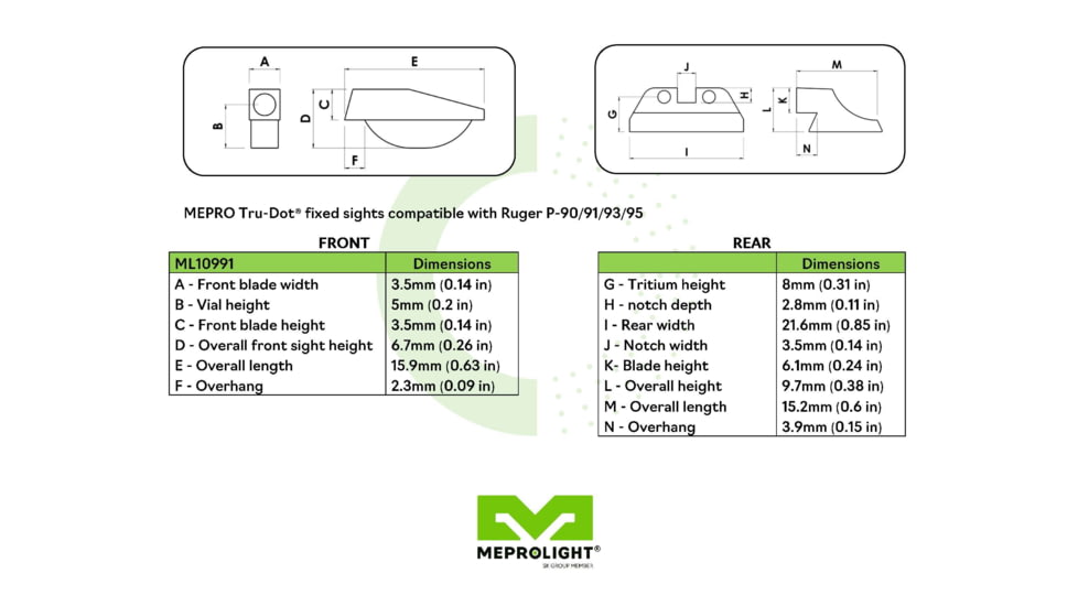 Meprolight Tru-Dot Night Sight Set for Ruger P90,91,93 &amp; 95, Green, 10991, 109913101