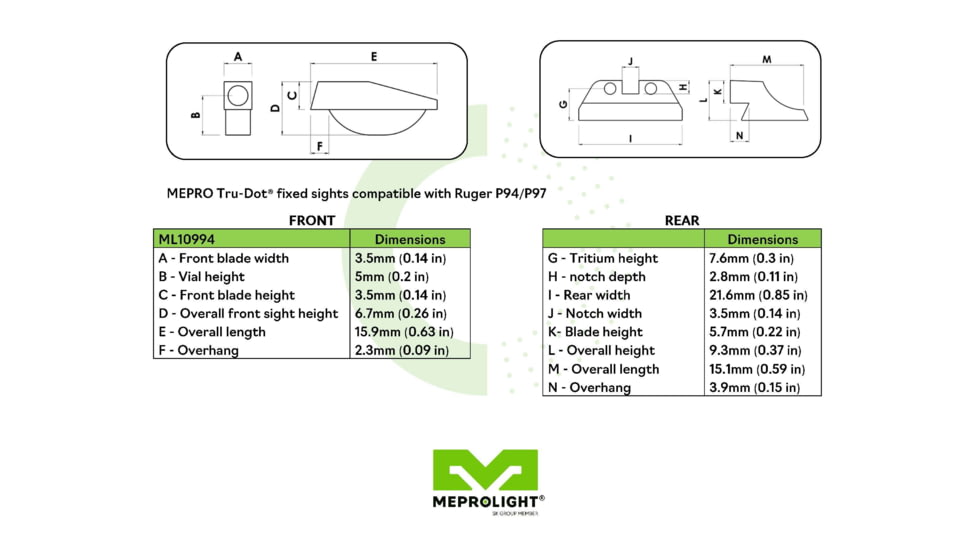 Meprolight Tru-Dot Night Sight Set for Ruger P94, P944 &amp; P97, Green, ML10994G, 109943101