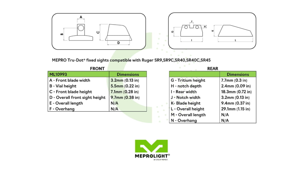 Meprolight Tru-Dot Night Sight Set for Ruger SR9 &amp; SR9C, Green, ML10993, 109933101