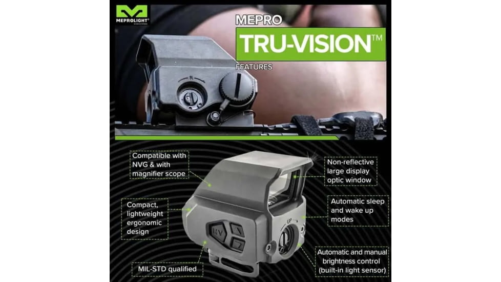 Meprolight Tru Vision Electro Optical Red Dot Sight, 2 MOA Red Dot Reticle, Black, 73 x 56 x 68 mm, 65025540