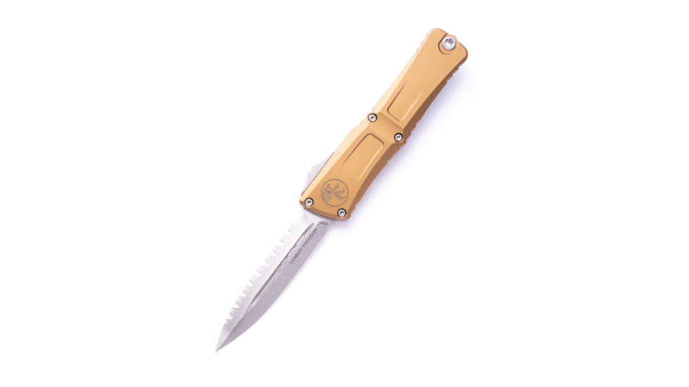 Microtech Combat Troodon D/E Gen III Stonewash Full Serrated 4in Automatic Folding Knife, OTF, Tan, 1142-12TA