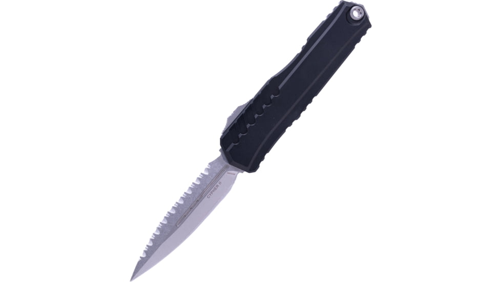 Microtech Cypher II D/E Full Serrated 3.55in Folsing Knife, Black Stonewash, 1242-12