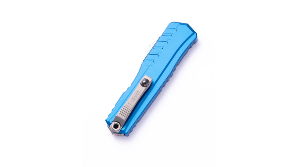 Microtech Cypher II D/E Stonewash Full Serrate Automatic Folding Knife, 3.55in, M390MK Steel, Blue, 1242-12BL