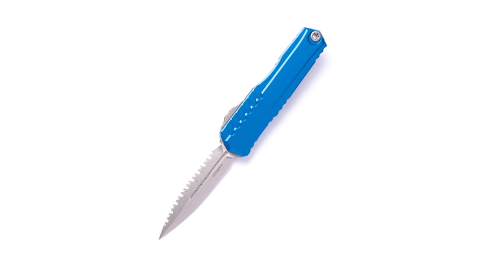 Microtech Cypher II D/E Stonewash Full Serrate Automatic Folding Knife, 3.55in, M390MK Steel, Blue, 1242-12BL