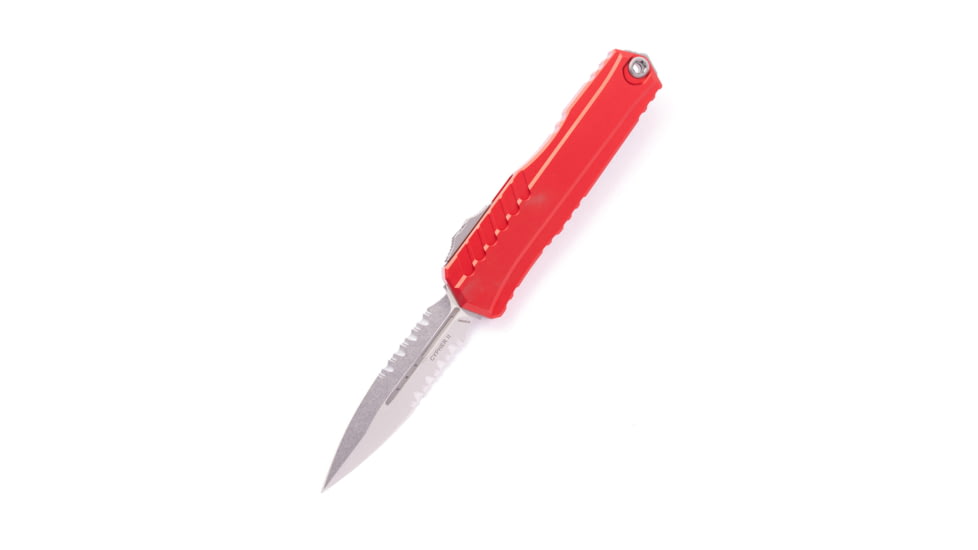 Microtech Cypher II D/E Stonewash Part Serrate Automatic Folding Knife, 3.55in, M390MK Steel, Red, 1242-11RD