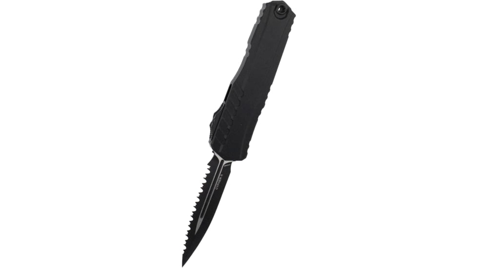 Microtech Cypher II D/E Tactical Full Serrated OTF Automatic Folding Knife, 3.55in, Black M390MK Blade, Black Handle, 1242-3T